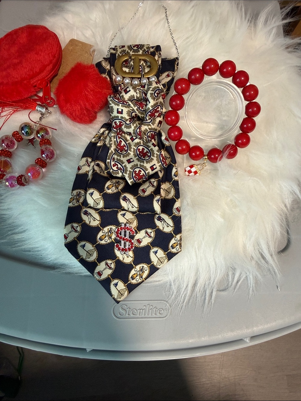 Silk Junk Tie Necklace with Red Bead Accents